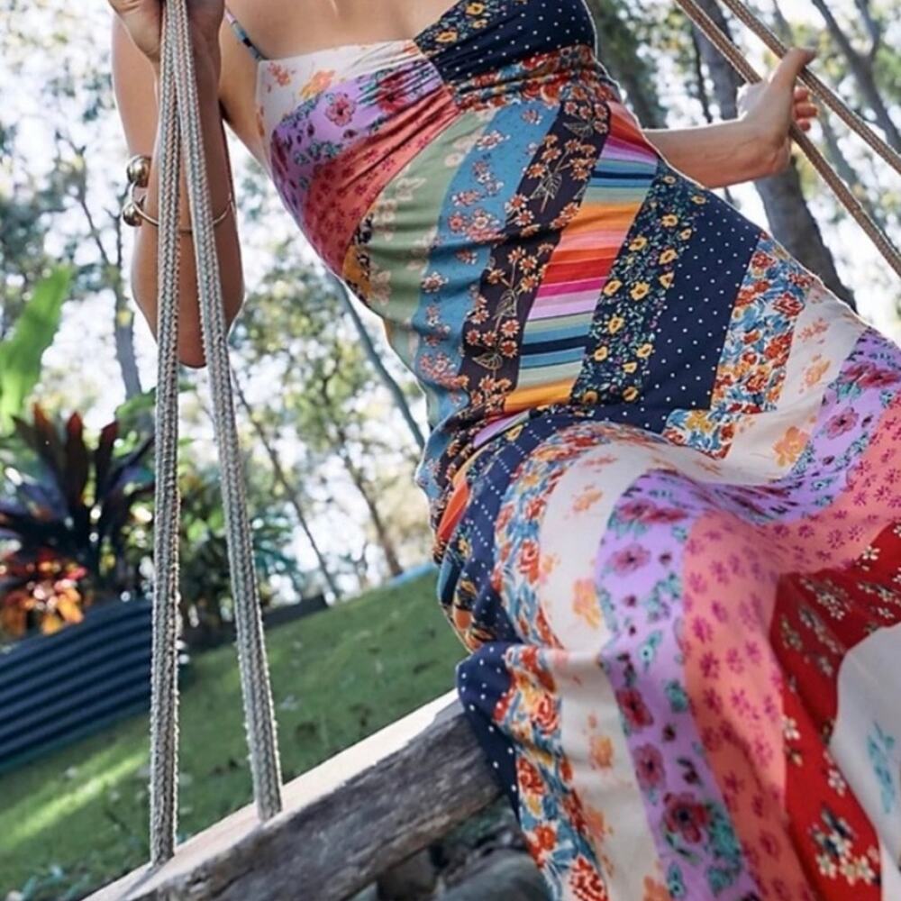 Free People Fiona Maxi Bodycon Dress Confetti Rainbow Striped Floral Boho Small